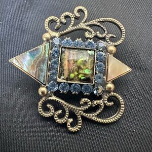 Vintage Artisan Filigree Brooch Dichroic Glass and Abalone Inlay